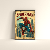 Spider-Man wall poster India by Dripster featuring classic comic style Spider-Man swinging over the cityscape